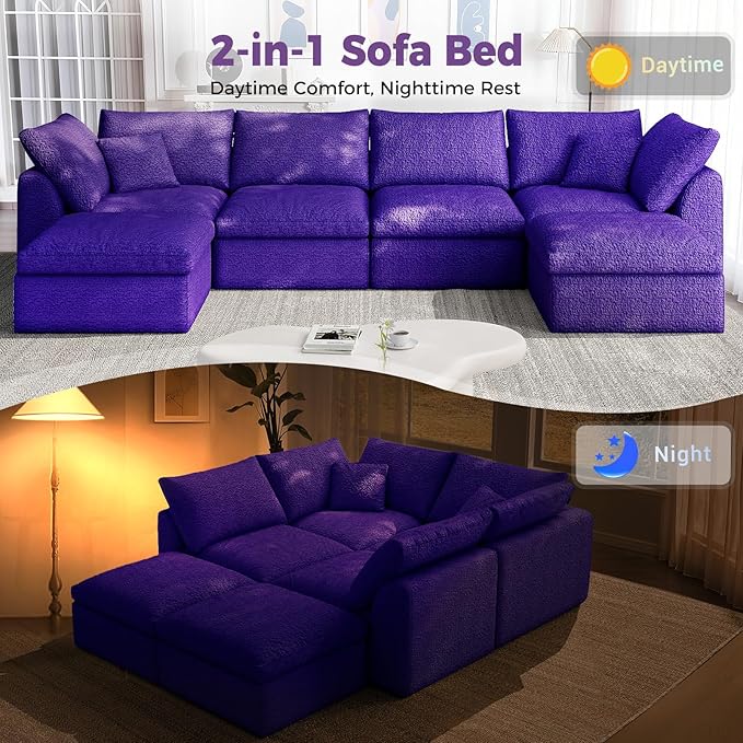 137 Inch Modular Sectional Sleeper Sofa Boneless Cloud Couch for Living Room U Shaped Sofa Free Combination No Assembly Required (Purple 137 inch - U Shape 6 Seat)