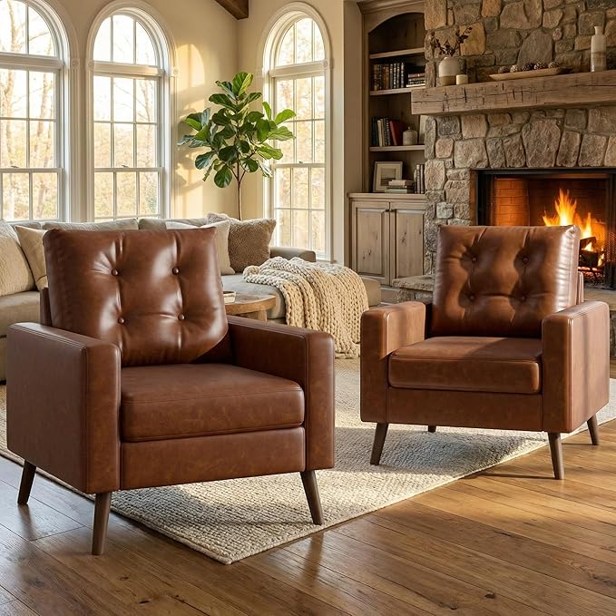 HNY Mid Century Modern Armchair Button Tufted Faux Leather Accent Chair with Armrests Upholstered Club Chair for Living Room Bedroom &amp Office Caramel Brown