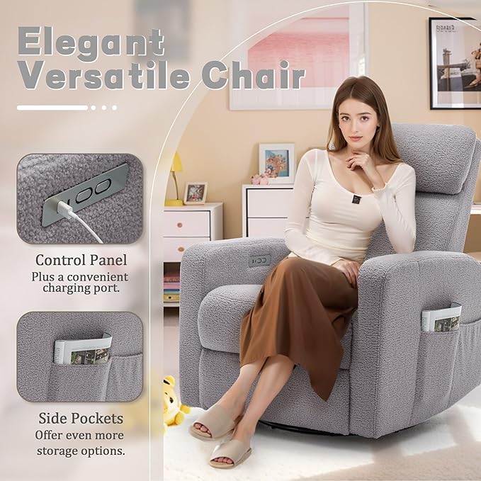 Power Swivel Recliner Chairs for Adults Electric Glider Rocking Chair Nursery Glider Recliner Nursery Chair with Classified Side Pocket Nursery Rocking Chairs with USB and Type-C Ports