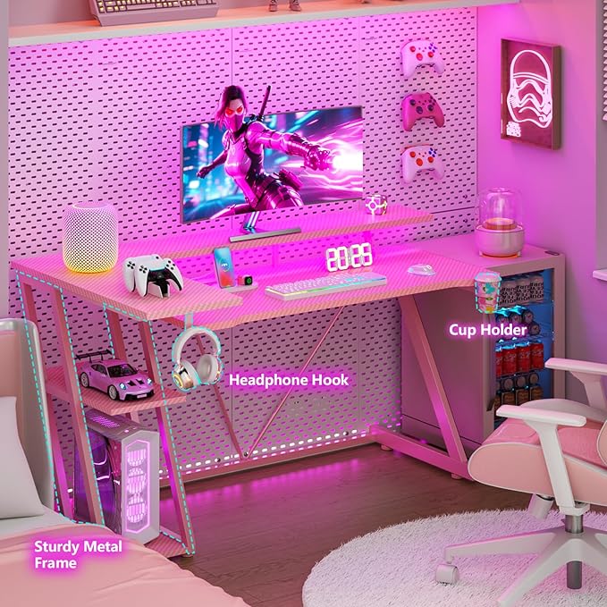 55 Inch Pink Gaming Desk with Power Outlet &amp LED Lights Corner Computer Desk with 3 Tiers Storage Shelves L Shaped Gaming Desk with Monitor Stand for Bedroom