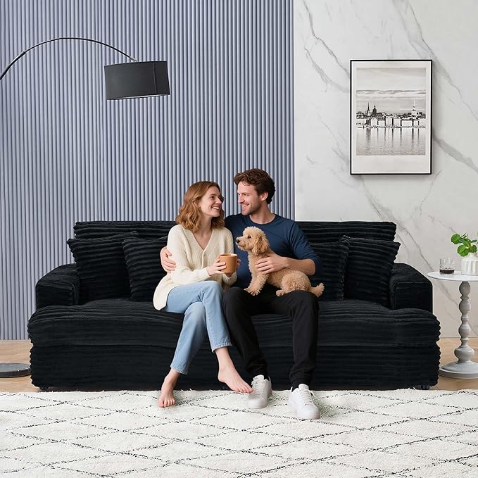 Modern Cloud Couch 3-Seater with 4 Matching Toss Pillows 88.58 Soft Corduroy Sofa with Deep Seat for Small Spaces Living Room Apartment (Black)