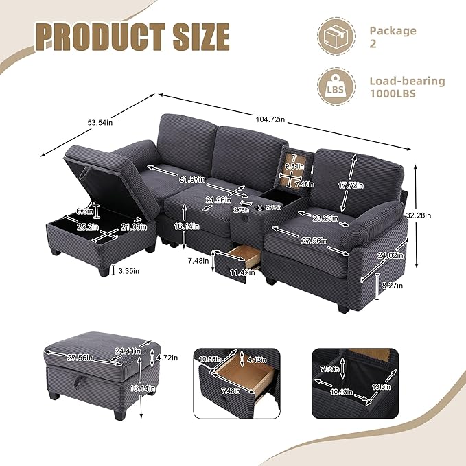 KEIKI 105 L-Shaped Oversized Corduroy Modular Sectional Sofa with 1 Ottoman and Multi Functional Console 4-Seater Upholstered Couch with USB and 2 Cup Holder Easy Assembly for Living Room Gray
