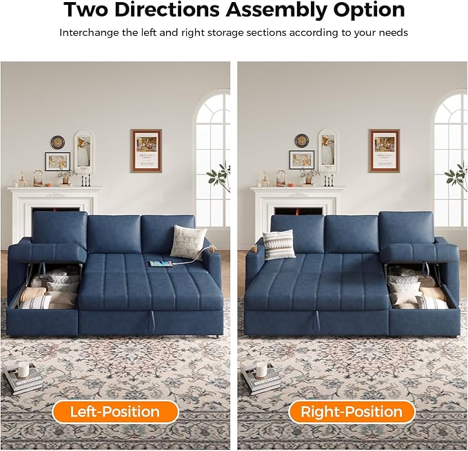 Fadware 89” L Shape Sofa Sleeper Sectional Sofa Bed with Hidden Storage&amp Side Pocket Anti-scratch Faux Leather Couch Bed with ChargePort&amp CupHolder Modern Piano Design Pull Out Couch for Li