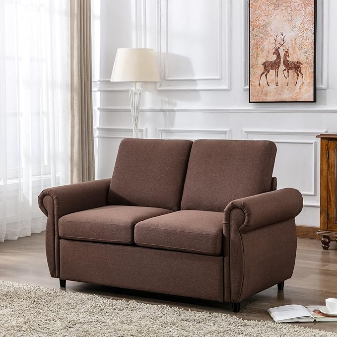 Merax 57.9 Loveseat Sofa Couch with Pull Out Bed 3 in 1 Convertible Line Fabric Sleeper Sofa Bed with 2 USB Ports and Twin Size Memory Mattress for Apartment Office Living Room (Brown)