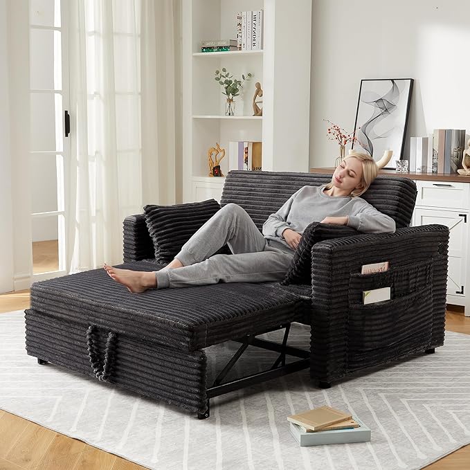 Loveseat Sleeper Sofa Bed 55'' Pull Out Couch with Adjustable Backrest Charging Station and Side Pockets Corduroy Couches for Living Room Bedroom and Apartment Dark Grey