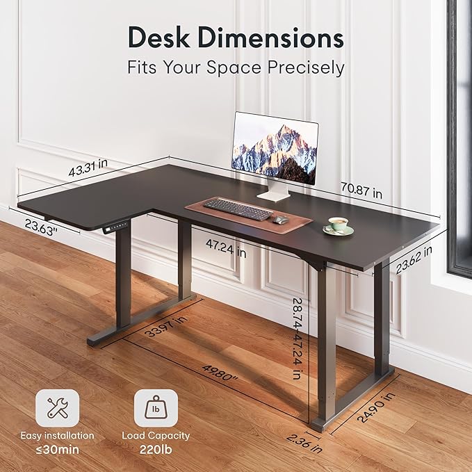 FLEXISPOT 4-Leg L-Shaped Standing Desk 71 x 43 Inches Electric Height Adjustable Desk with Memory Controller 220lb Load Capacity Reversible L/R Corner Desk for Home Office Gaming &amp Study Blac