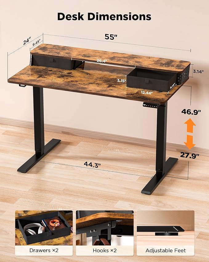 FiCiHi 55x24 Inch Standing Desk with Drawers C-Clamp Mount Compatible Electric Adjustable Height Computer Stand Up Desks Home Office Sit Stand Table with 3 Preset Heights Rustic Brown