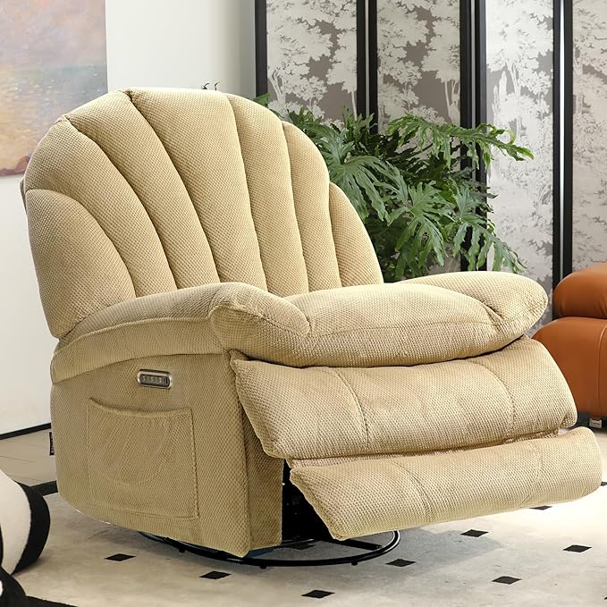 EONIX Dual Motor Power Swivel Rocking Recliner Chair for Living Room Armless Oversized Shell Shape Lazy Boy Rocker Recliner Plush Fabric Thickened Cushion Elevated Soft and Comfort Beige