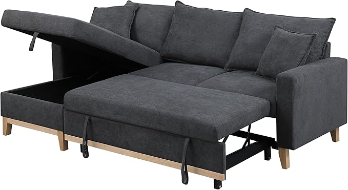 Lilola Home Colton 84.25 W Dark Gray Woven Fabric Reversible Sleeper Sectional Sofa with Pull-Out Bed and Storage Chaise – Modern L-Shaped Couch for Living Room or Apartment