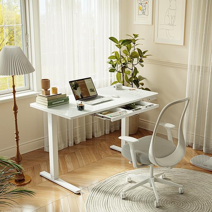 FEZIBO 55x24 inchs Electric Standing Desk - One-Piece Glass Top Height Adjustable Workstation with 4 Memory Presets Ergonomic Sit-to-Stand Table for Home Office &amp Gaming