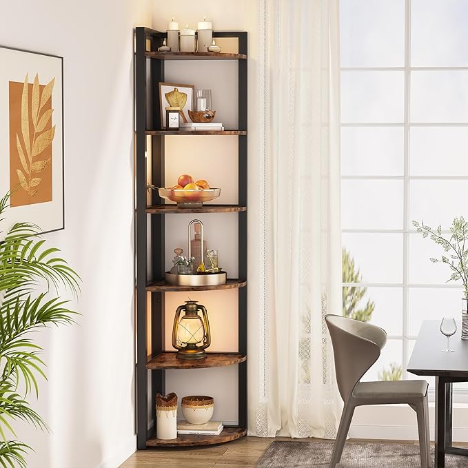 LITTLE TREE 6-Tier Corner Shelf 70.86 Industrial Corner Bookshelf with Metal Frame Narrow Tall Corner Bookcase for Living Room Home Office Kitchen