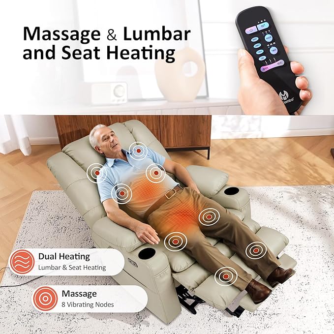 MCombo Oversized Triple Motor Power Lift Recliner Chair with Massage and Dual Heating Adjustable Headrest for Big and Tall Elderly People Faux Leather R7635 (Beige Large-Oversize)