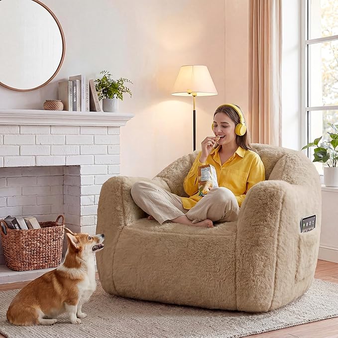 Bean Bag Chair Giant Bean Bag Chair for Adults Shell-Shaped Bean Bag Couch with Armrests &amp Side Pockets Comfy Beanbag Lazy Couch Reading Chair for Bedroom Living Room Khaki