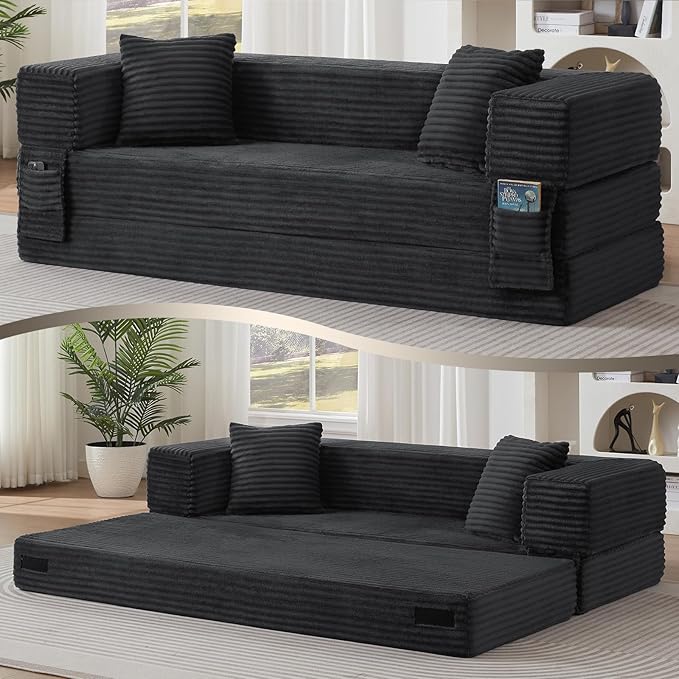 GNIXUU 78.7 Boneless Convertible Sleeper Sofa Bed 4-in-1 Folding Corduroy Futon Couch Bed Oversized Loveseat Modular Floor Mattress Couch for Living Room Bedroom Lounge No Assembly Grey