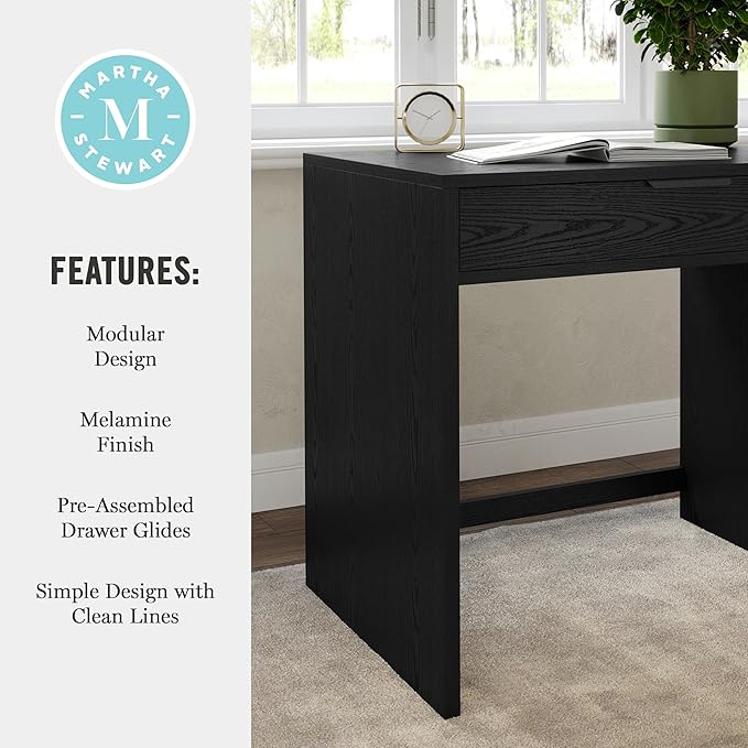 Martha Stewart Kayden Home Office Modular Desk with Drawer in Black with Oil Rubbed Bronze Hardware