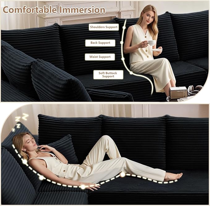 Cloud Modular Sectional Sofa for Living Room137x110 Oversized U-Shaped Couch with 9 PillowsBig Comfy Couches SetFluffy Deep-Seat Corduroy Sofa with ChaiseNo Assembly (BlackRight-Facing Chaise)