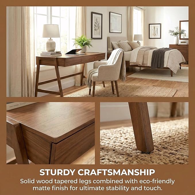 Walnut Wood Desk with Drawers Home Office Desk Mid Century Modern Writing Table for Bedroom Vanity Living Room Study Workstation