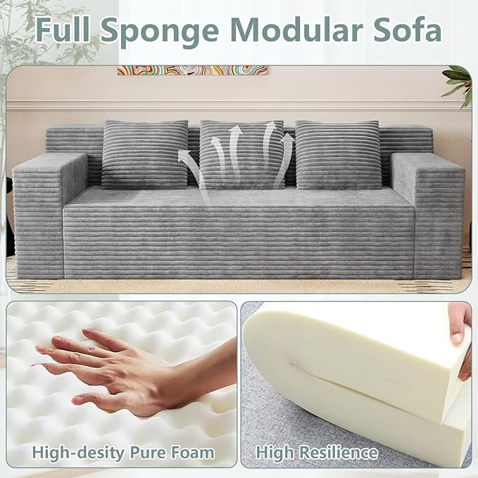 71 Cloud Loveseat SofaBoneless Deep Seat 2-Seater with 3 Pillows&ampSide PocketNo Assembly Foam Floor CouchPlush Corduroy Living Room Sofa for Small Space Apartment(Flat HandrailLight Grey)