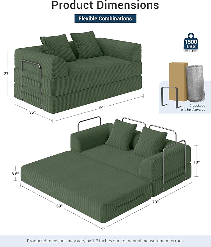 Cloud Boneless Convertible Floor Sofa Bed 70 4-in-1 Foldable Compressed Loveseat Lounge Sleeper 2 Seater Couches High-Density Sponge &amp Corduroy Fabric Futon Daybed for Living Room Bedroom(Green