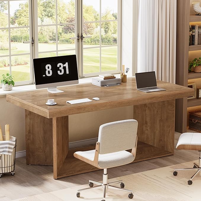 Tribesigns 63-Inch Executive Desk Large Office Computer Desk with Heavy Duty Pedestal Farmhouse Simple Workstations Writing Table for Home Office Rustic Brown