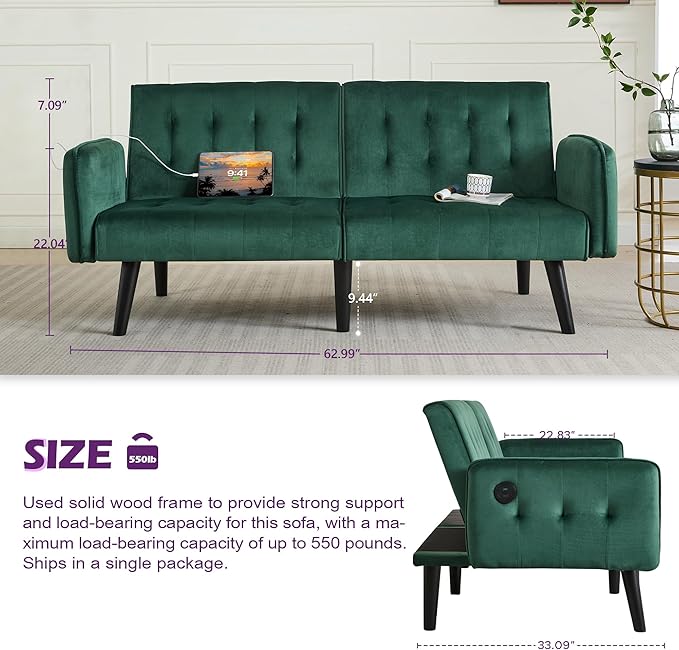 TYBOATLE 65 W Velvet Modern Convertible Folding Futon Couch Sofa Bed w/ 2 USB Charging Ports and arms Loveseat for Living Room Office Apartment Bedroom (Green)