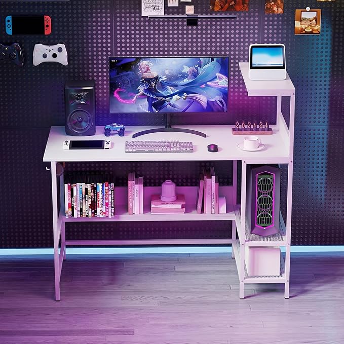Giantex 48 Computer Desk with Charging Station Reversible Writing Desk with Storage Shelves &amp Headphone Hook Small Gaming Desk Industrial Computer Workstation for Home Office (White)
