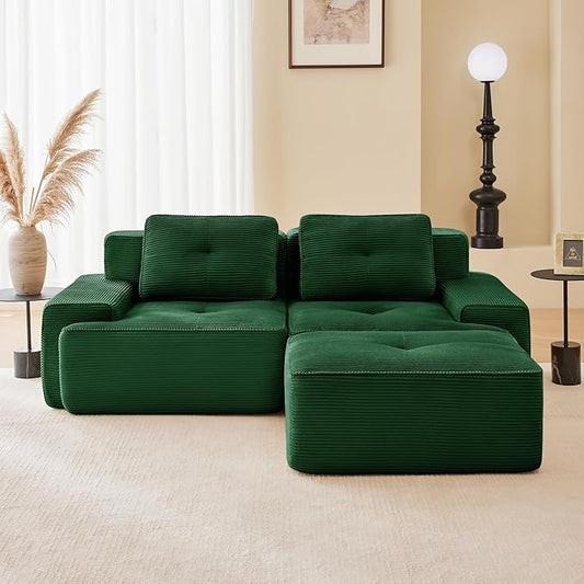 80.3” Green Boneless Couches for Living Room Modular Sectional Sofa with L-Shape Chaise 2 Seater Comfy Upholstered Loveseat Deep Seat Corduroy Fabric Cloud Couch No Assembly Anti-Slip Design