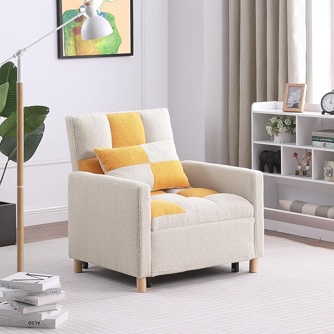 Sleeper Sofa Bed 3-in-1 Convertible Chair Bed Multi-Functional Sleeper Chair Soft Teddy Fabric for Living Room Apartment Office (White&ampYellow)