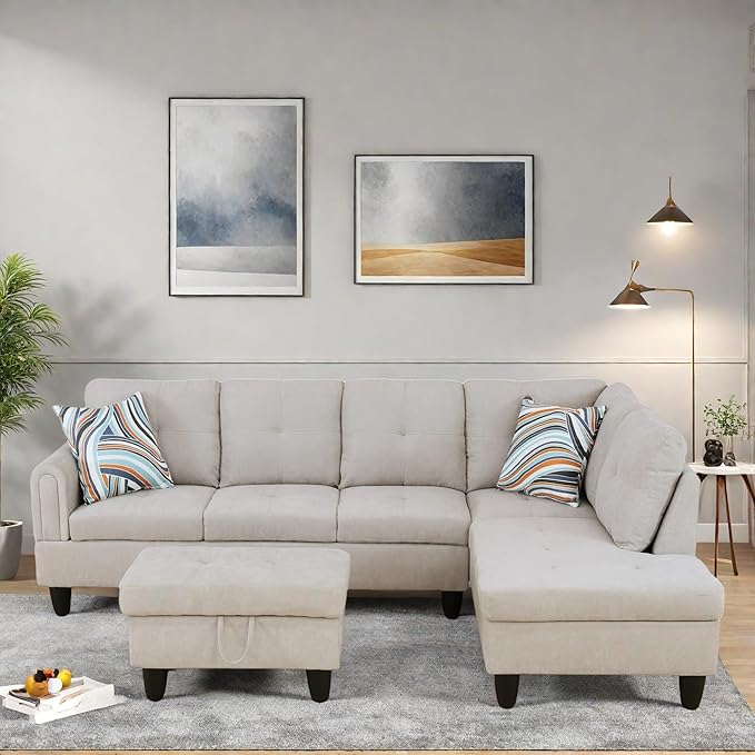 FONTOI L Shaped Sectional Couches Modern Modular Sectional Sofa for Living Room Bedroom Furniture Cozy 4 Seat Couch with Ottoman Storage &amp Chaise Gray White
