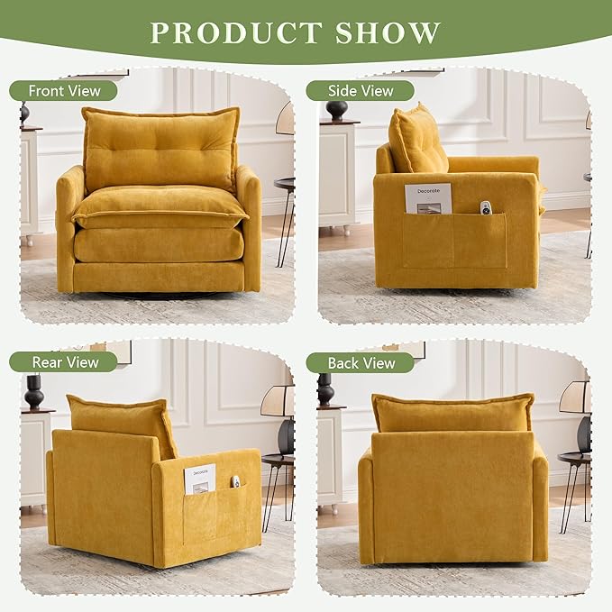 cinkehome Oversized Swivel Chair 36 Swivel Armchair Accent Chair for Living Room Mid Century Modern Thick Padded Arm Chairs Memory Foam Chenille Mustard Yellow