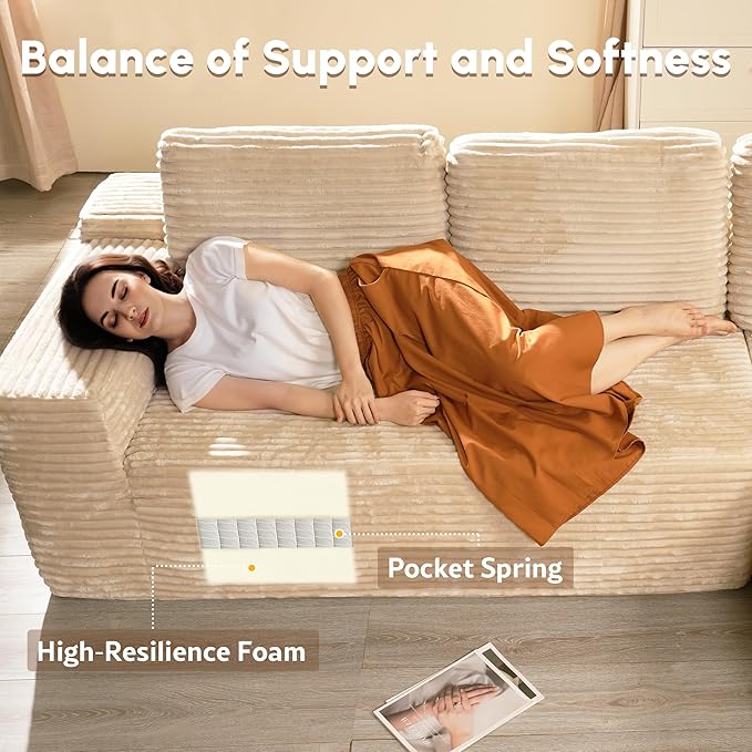 106 Cloud Sectional Couch with Comfy Chaise and OttomanPlush Corduroy Boneless Couches for Living RoomU Shaped Sofa in A Box No Assembly RequireBeige