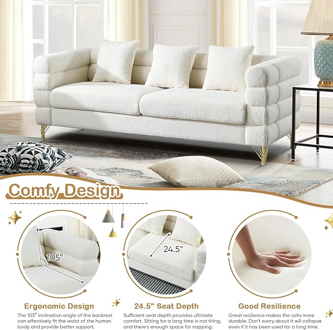 Comfy 3 Seater Sofa 81-inch Oversized Boucle Couch with Deep Seat Design Upholstered Sofa Couch with 2 Pillows Modern Living Room Sofa with Stylish Metal Legs for Office Waiting Room White Teddy
