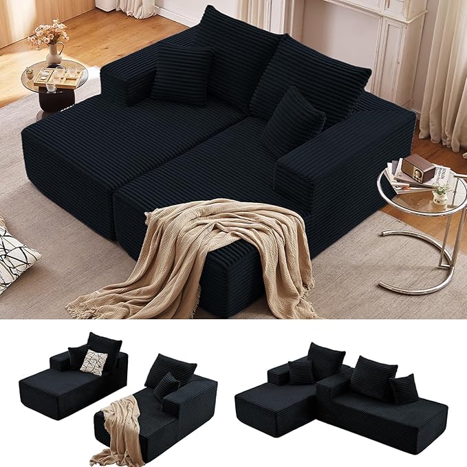 75Oversized Chaise Lounge ChairSectional Double Lounge Chaise with Pillows Upholstered Corduroy Boneless Lounge Chair Fluffy Modern Loveseat Sleeper Sofa for Living Room or Bedroom(Black)