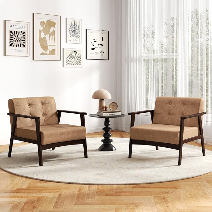 GORELAX Fabric Accent Chair Upholstered Side Lounge Armchair with Wood Frame &amp Tufted Design Mid Century Modern Chair Comfy Reading Chair for Living Room Bedroom Office (2 Beige)