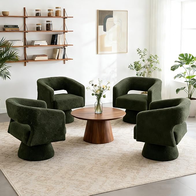 Accent Barrel Chair Set of 2 Modern Teddy Bear Velvet Club Chair 360° Swivel Degree Dressing Chair Suitable for Living Room Reading Room Bedrooms Office Green