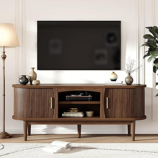 Mid Century TV Stand for TVs up to 65 Inches Entertainment Center with Storage Power Outlet Fluted Sliding Doors &amp Adjustable Shelves Modern Media TV Console Table for Living Room (Walnut)