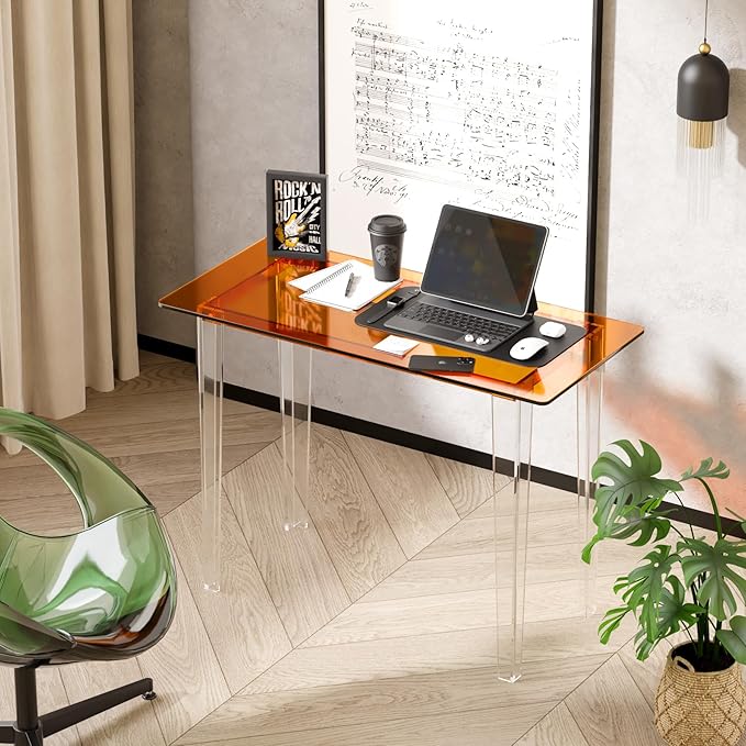 Modern Acrylic Desk for Home Office - Multi-Purpose Study Table with Extended Surface Sturdy Lightweight Design Transparent Orange Console &amp Entryway Table (42.5 Inch)