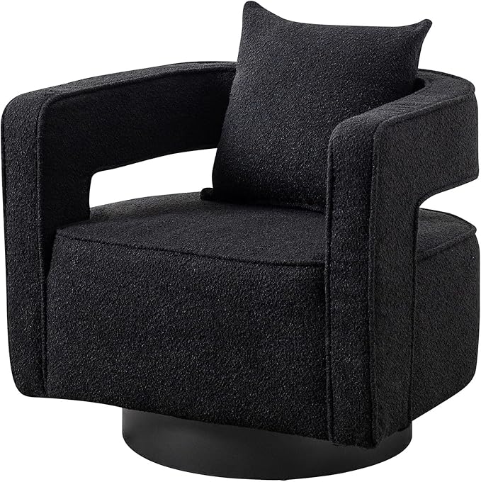 Swivel Barrel Chair Modern Teddy Round Accent Chairs Curved Open Back 360 Degree Swivel Arm Chair with Pillow Single Sofa Chair for Living Room BedroomBlack