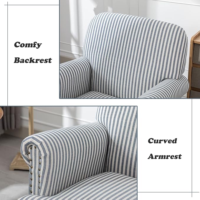 Linen Accent Chairs Set of 2 Mid-Century Modern Living Room Armchair with Nailhead Trim &amp Wood Legs Comfy Upholstered Single Sofa Chair for Lounge/Bedroom/Reception Blue Stripe