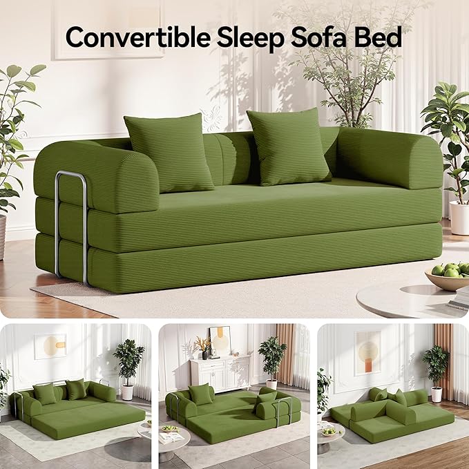79 Folding Convertible Sofa Bed Boneless Couch for Living Room with Pull Out Bed ‌Convertible Sleeper Sofa Bed with Pillows - Corduroy Upholstered Modular Futon Couch for Bedroom Lounge (Green)