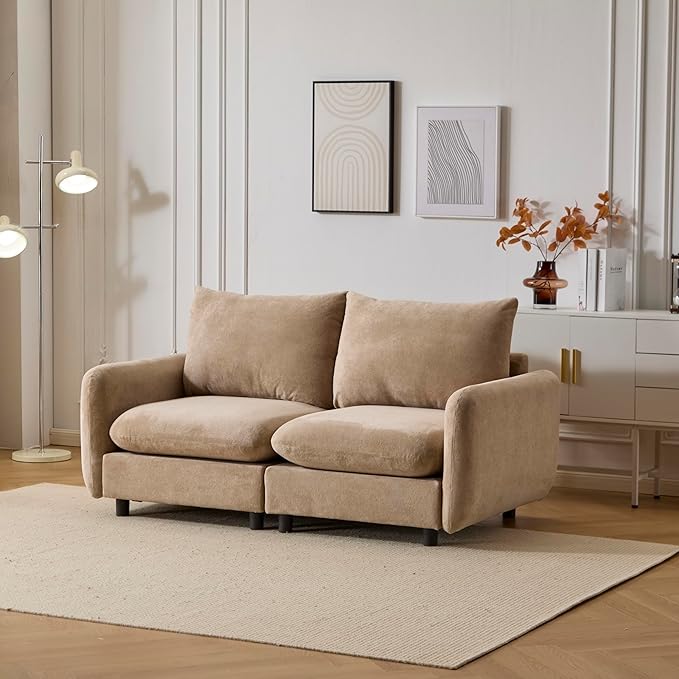 Christopher Knight Home Bricez Modern Fabric Upholstered Loveseat Sofa Wooden Modular Sectional Sofa Couch 2 Seater Comfy Cloud Couch with Pillow for Living Room Home Office Apartment Camel