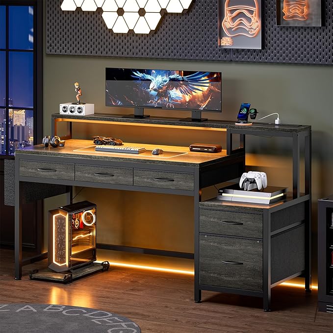 REAHOME 61 Inch Gaming Desk with Charging Station and LED Lights Reversible Computer Desk with Storage Drawer and Monitor Stand Modern Desk Table with File Cabinet &amp Side Pocket Grey Oak