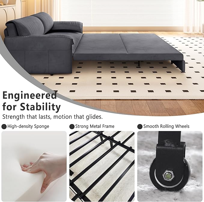 66 Futon Sofa Bed Queen Size Pull Out Bed 3-in-1 Convertible Sleeper Sofa with Side Pocket Modern Velvet Futon Couch for Living Room Small Space Apartment Bedroom Grey