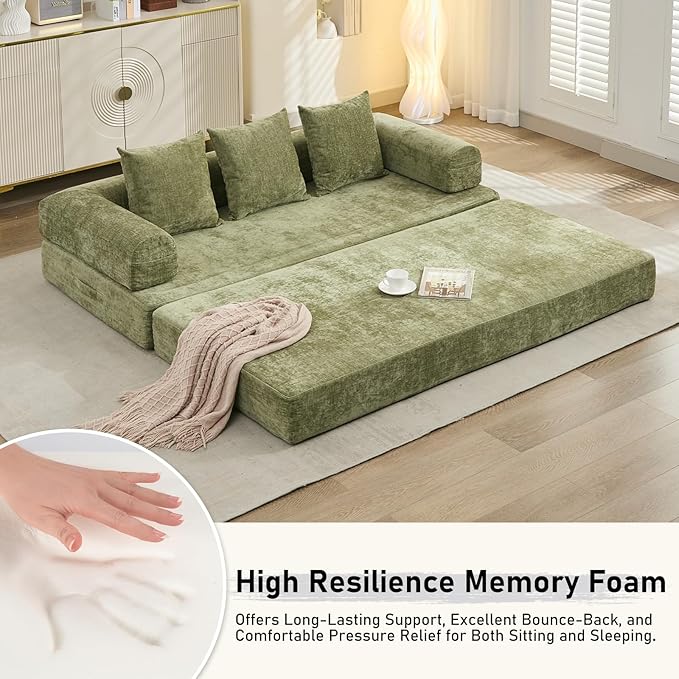 Compression Sofa Convertible Sofa Bed Modular Couch with Pillow Comfy Chenille Fabric Couch with Memory Foam Lounge Floor Sofa for Living Room Bedroom (Green)