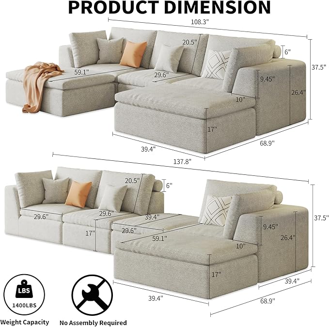 109 Modular Sectional Sofa with Deep Seat Oversized U-Shaped Cloud Couch for Living Room with 2 Ottomans Boneless Memory Foam Teddy Fleece Sofa No Tools Assembly Required (Beige2 Ottomans)