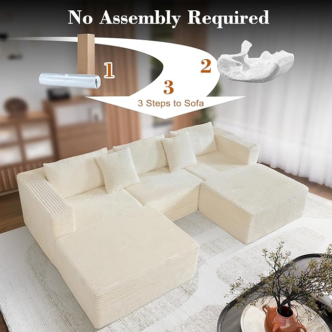 110 Corduroy Boneless Couch for Living Room with 2 Ottomans Convertible Modular Cloud Sofa with Deep Seats Ergonomic Memory Foam U Shaped Sectional Couch No Assembly Required (Beige)