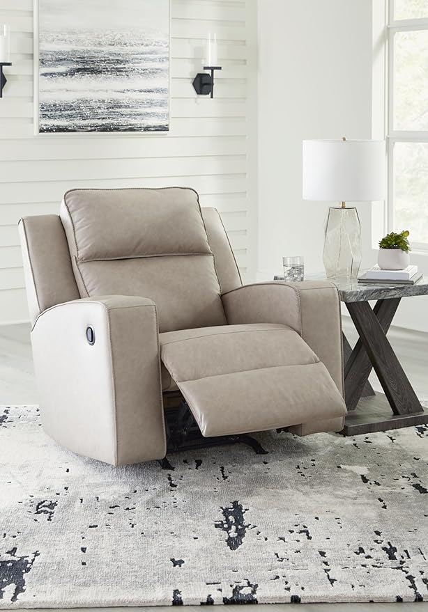 Signature Design by Ashley Lavenhorne Contemporary Faux Leather Upholstered Manual Rocker Recliner with 2 Cup Holders Beige