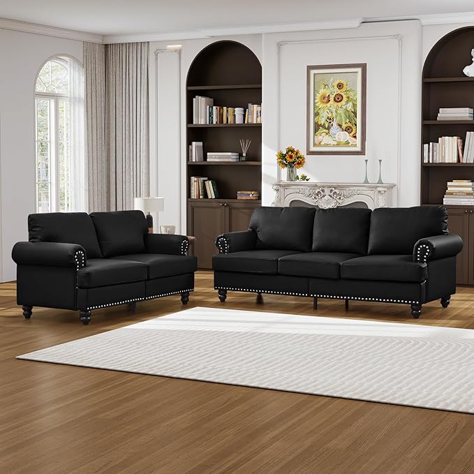 Couch and Loveseat Set Mid Century Chesterfield Faux Leather Vintage Retro Classic 3 Seater Loveseat Sofa Couch with Storage Nailhead Trim &amp Rolled Armrests for Living Room Bedroom Office Black