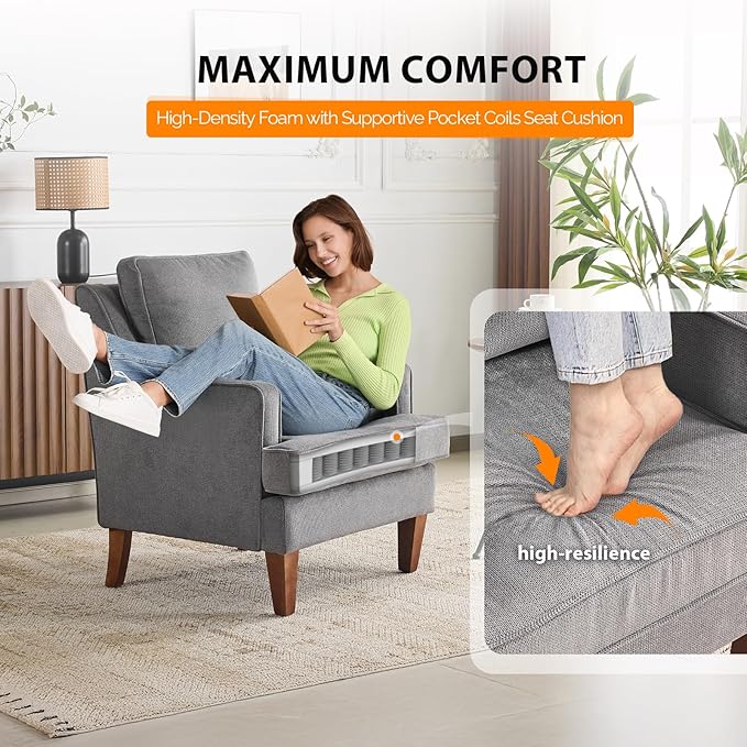 VINGLI Mid-Century Accent Chairs Light Grey Upholstered Armchair Comfy Sofa Chair Reading Chair High Back Living Room Bedroom Furniture for Apartment