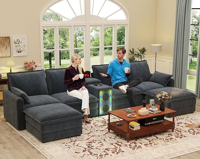 Modular Sectional Sofa 6 Seat U Shaped Couch Smart Module-Bluetooth Speaker/RGB Light/Humidifier/Charging Station Chenille Sectional Couches for Living Room with 2 Movable Ottomans (Dark Grey)